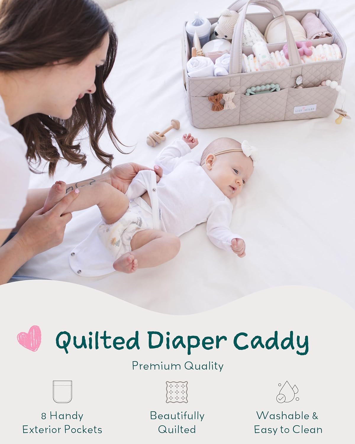 Lily Miles Baby Diaper Caddy Organizer, Quilted Nursery Storage Basket for Newborn Essentials and Diaper Changing Station, Gift for Baby Shower and Registry Must-Have (Willow Green)