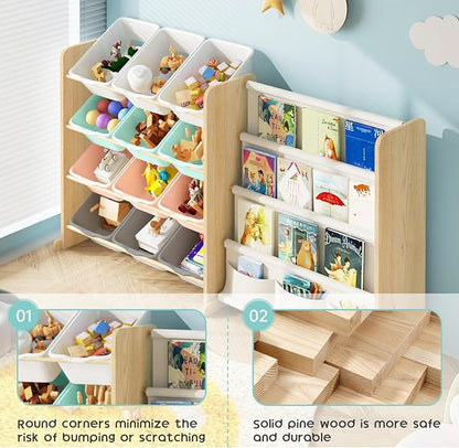 EXPERLAM Kids Toy Storage Organizer with Bookshelf - 12 Multi-Color Bins and 4 Book Shelves, Organizers and Storage for Playroom, Nursery, Room, Burlywood