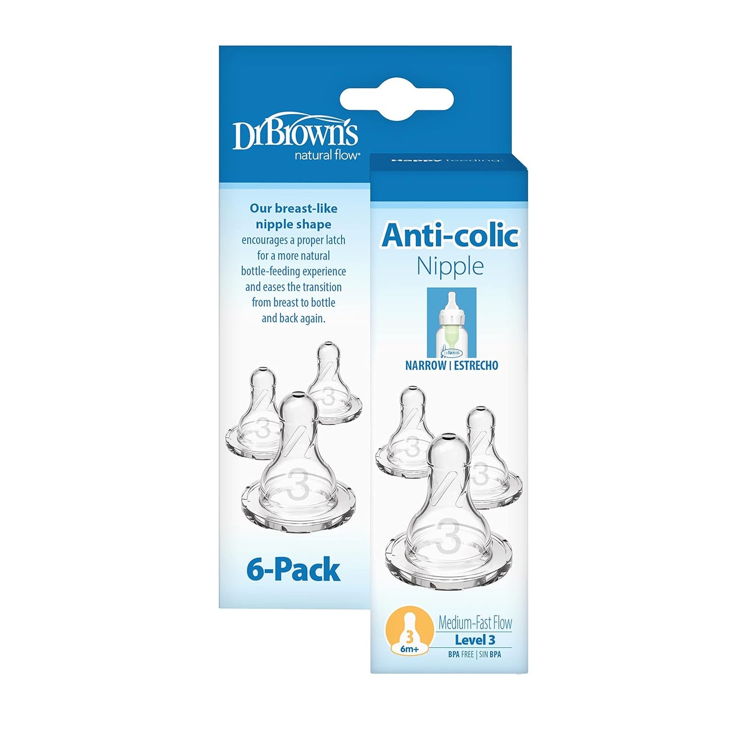 Dr. Brown’s Natural Flow Y-Cut Narrow Baby Bottle Silicone Nipple, Ideal for Thicker Liquids, 9m+, 100% Silicone Bottle Nipple, 6 Count