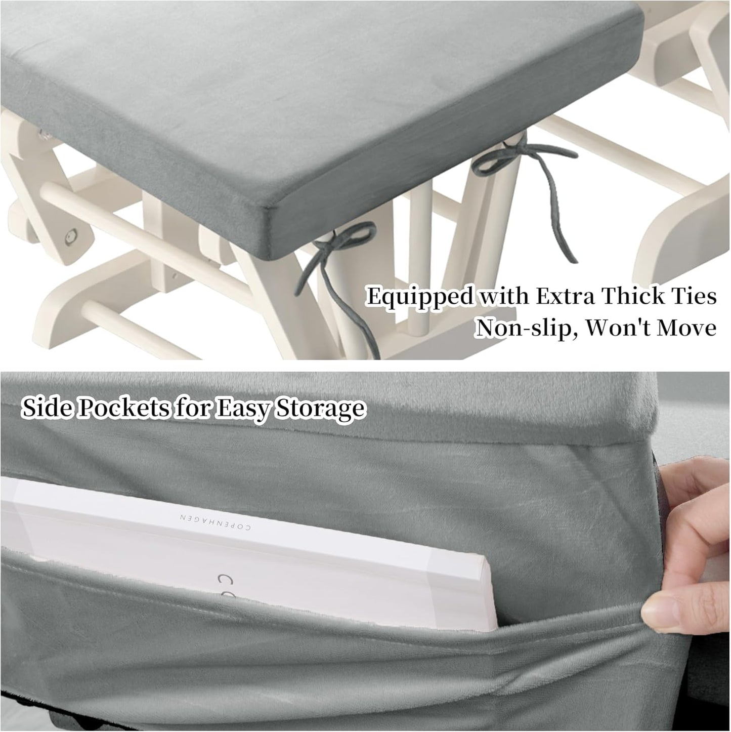 HOMBYS Glider Rocker Replacement Cushions 5 PCS with Storage Side Pocket, Velvet Fabric, Foam & Microfiber Filling, Non-Slip & Washable,Thickened & Supportive for Glider Rocking Chair