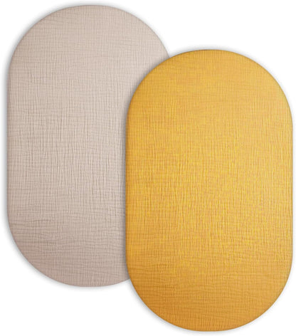 Muslin Bedside Bassinet Sheets 2 Pack, 33x20 Fitted Ultra Soft & Breathable Bedside Sleeper Sheets, Ideal for Baby Girl and Boy, Perfect for Newborns (Hopping Bunnies & Beige)