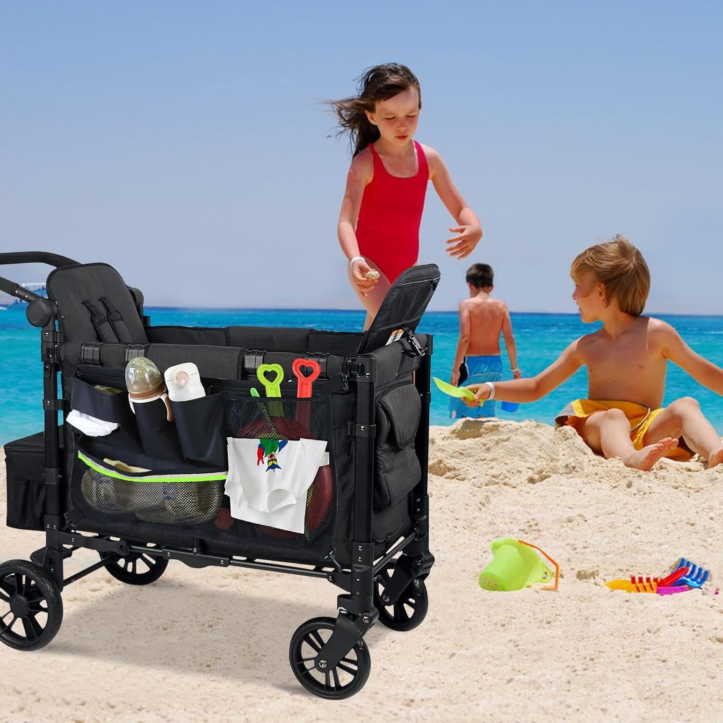 Stroller Wagon Cargo Net,Double-Layer Side Pockets Attachment for WONDERFOLD,Foldable Mesh Sorting Organizer Bag with Extra Storage Space
