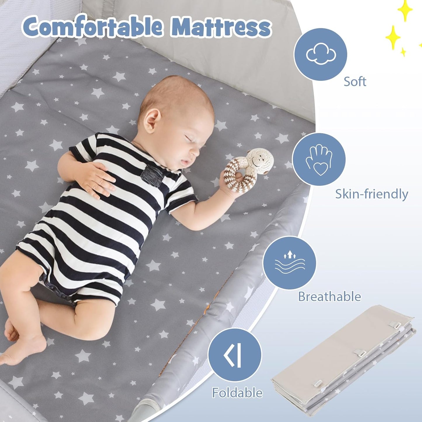 BABY JOY 5-in-1 Pack and Play, Portable Baby Bedside Sleeper with Bassinet, U-Shaped Diaper Changer, Safety Strap, Side Zipper Entrance, Hangings, Bedside Crib Playard from Newborn to Toddlers (Gray)