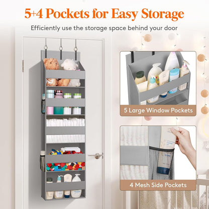 Lifewit 1 Pack Over the Door Organizer, 5 Section Clear Window Hanging Storage with 4 Side Pockets, Sturdy Anti Tilt 40 lbs Load Behind Door for Closet, Bedroom, Bathroom, Nursery, Dorm, Gray