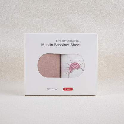 Muslin Bassinet Fitted Sheets 2 Pack, Soft Breathable Cotton Baby Bassinet Mattress Sheet Set, 360° Elastic Snug Fit, Universal for Oval, Rectangle & Hourglass Cradle, Unisex Baby Bedding (Cute Cars)