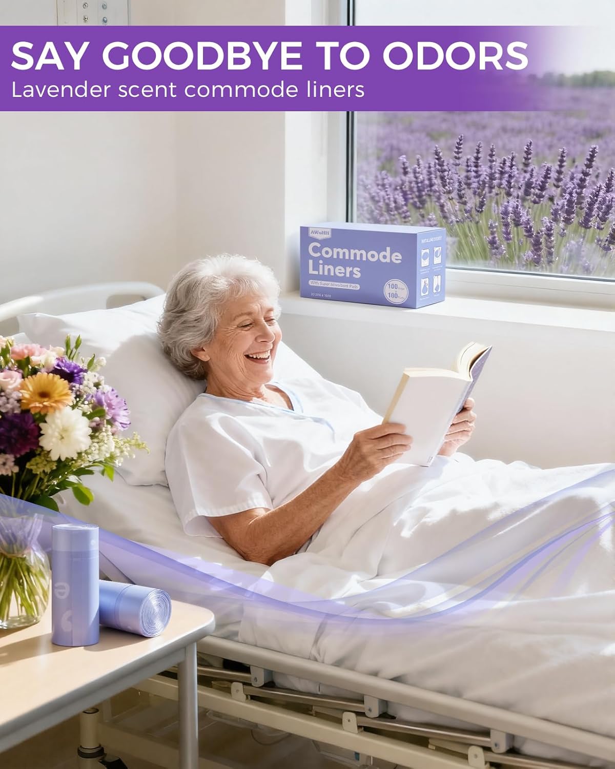 30 Pcs Bedside Commode Liners with Absorbent Pads, Tear-Free Leak-Proof Lavender Scented Commode Liners and Pads, Odor-Free Portable Toilet Liners & Potty Chair Bags for Disposable Adult, Bedpan