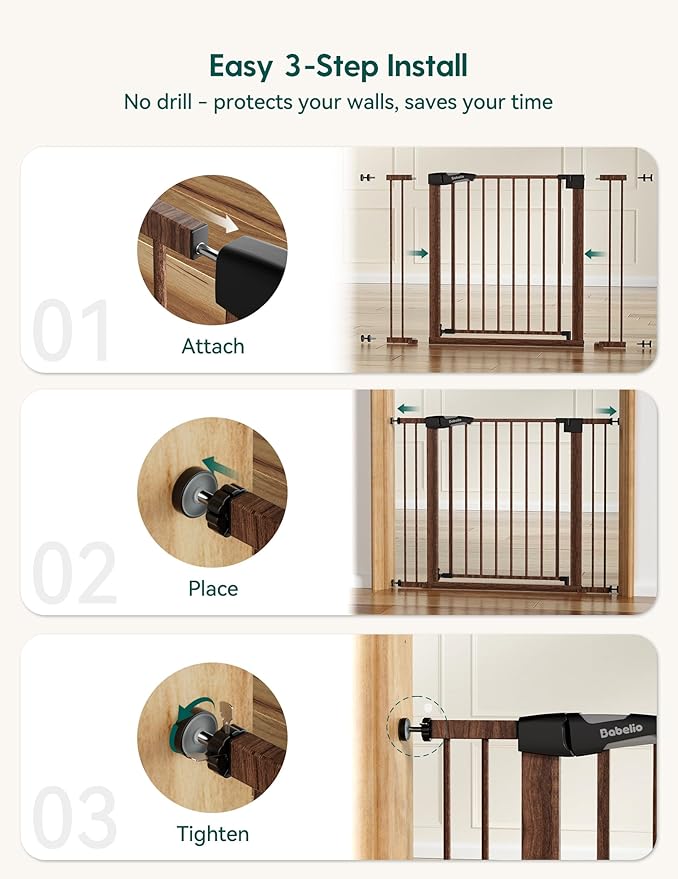 Babelio Metal Auto Close Baby Gate PressGuard, 29"-55" Extra Wide Pet Gate for The House and Doorways, Pressure Mounted Walk Thru Child Gate with Door, Black Wood Pattern, 30" Tall
