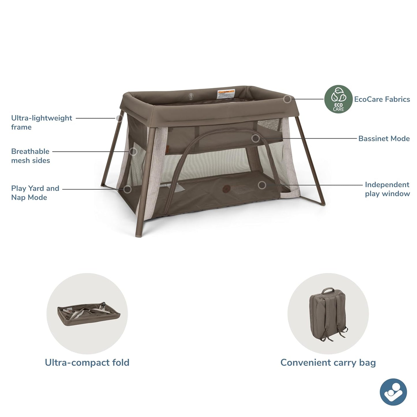 Maxi-Cosi Calao Travel Playard, Infant Bassinet, Toddler Playpen, Portable, Lightweight, Foldable, Easy Setup, with Carry Bag, Breathable Mesh, Truffle