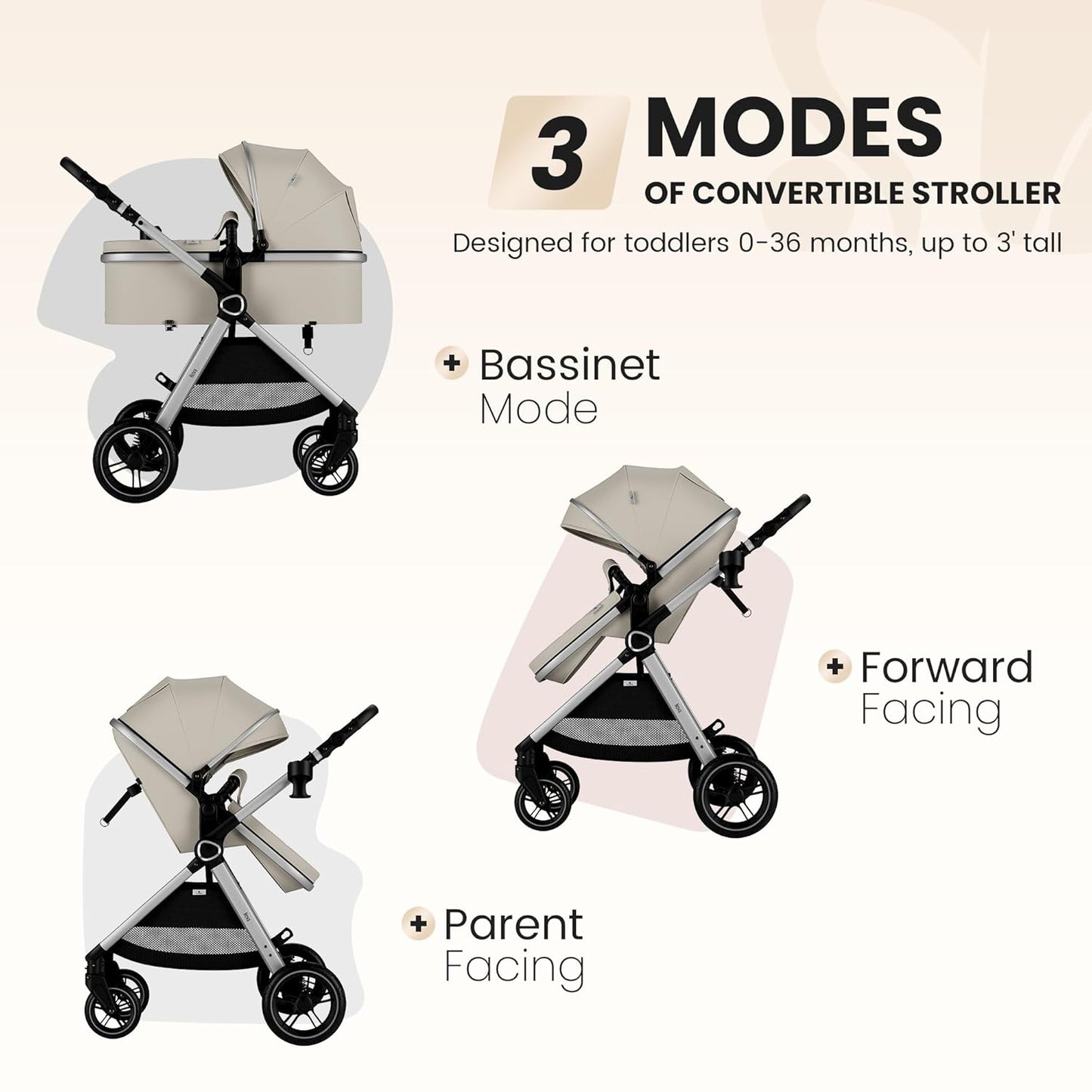 Accombe 2 in 1 Baby Stroller, Convertible Bassinet Pushchair for Infants and Newborns 0-36 Months