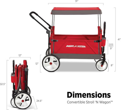 Radio Flyer City Luxe Stroll 'N Wagon, for Ages 1+, 3-in-1 Push or Pull, with Bench Mode, Easy Fold, UV Canopy, 5-Point Harnesses, Front Caster Wheels & 12" Rear Wheels, Stroller Wagon for Kids