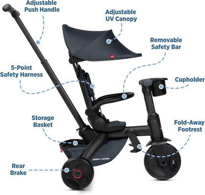 Radio Flyer Coast Folding Stroller Trike, for Kids 6 Months-3 Years, Lightweight, Compact, 4 Riding Modes, UV Canopy, 5Point Harness, Safety Bar, Cup Holder, Storage, Stroller Tricycle for Toddlers
