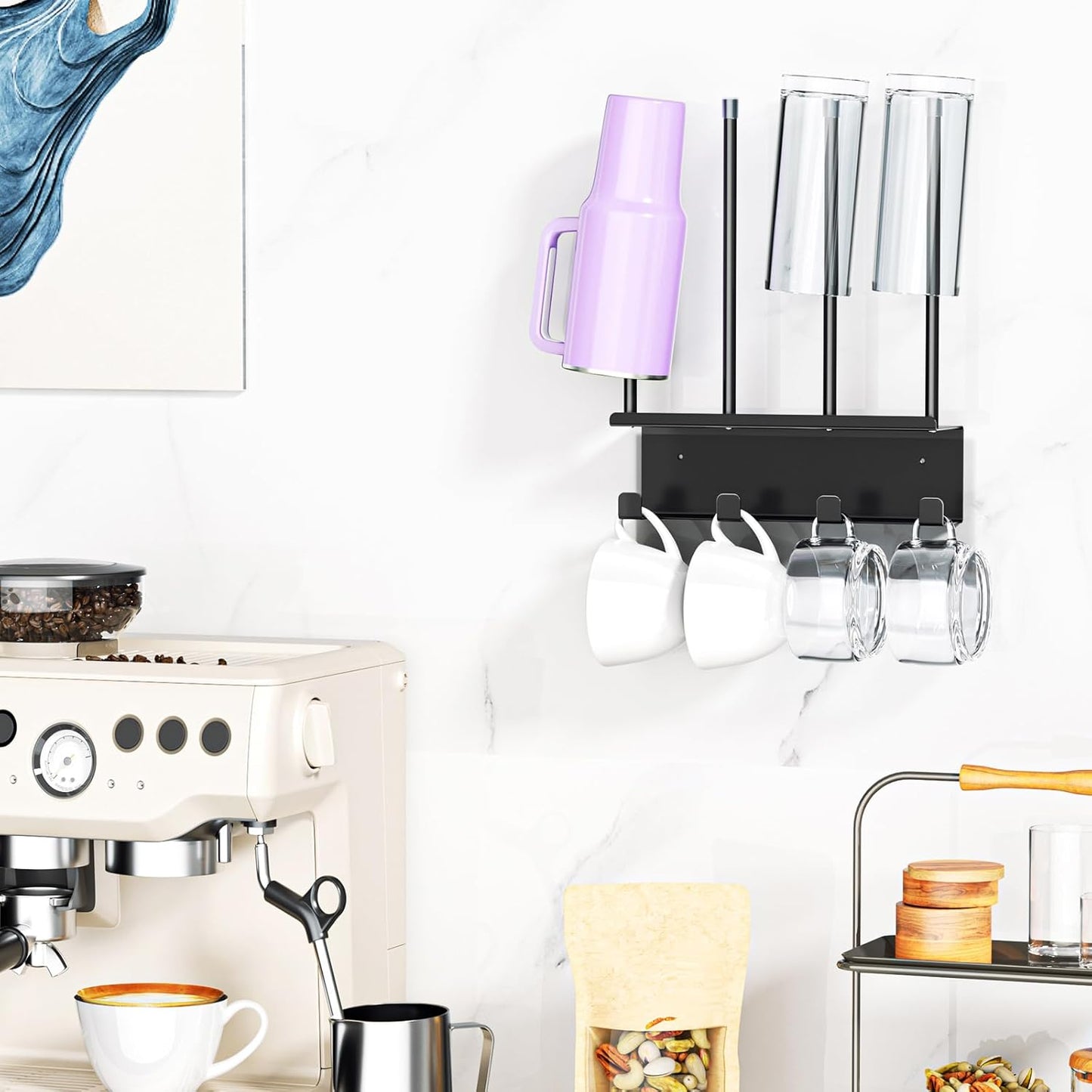 Wall Mounted Water Bottle Drying Rack, Baby Bottle Dryer Rack, Metal Cup Rack Dryer Stand, Mug Holder with Storage Rack, Mug Hooks for Bottle Cap, Bottle Drying Rack for Cups, Plastic Bags (Black)