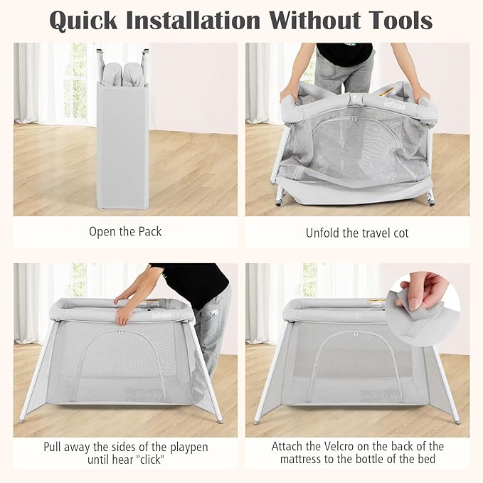 INFANS Travel Crib, Portable Baby Playpen with Removable Bassinet Soft Mattress Carry Bag, Foldable Lightweight Playard Nursery Center for Newborns Toddlers (Light Gray)