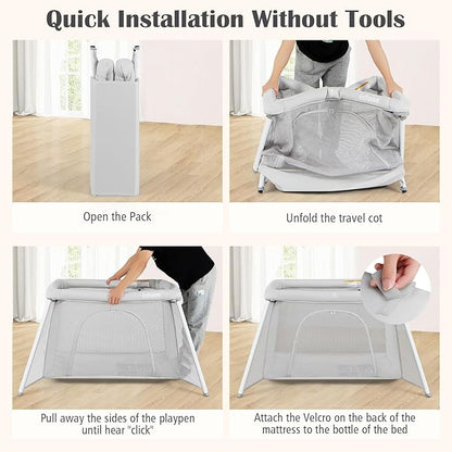 INFANS Travel Crib, Portable Baby Playpen with Removable Bassinet Soft Mattress Carry Bag, Foldable Lightweight Playard Nursery Center for Newborns Toddlers (Light Gray)