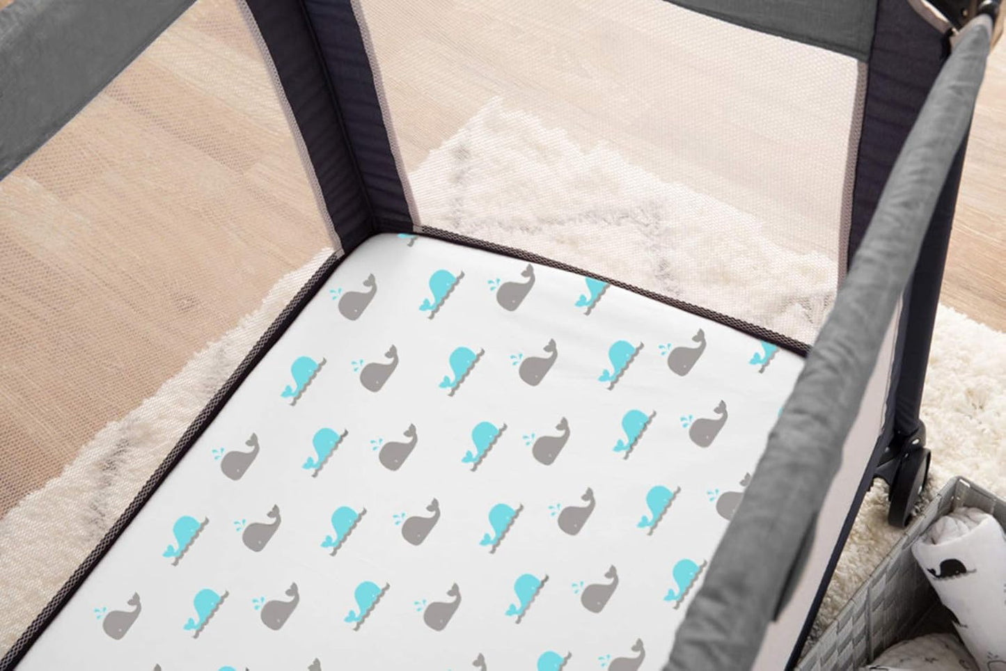American Baby Company 100% Natural Cotton Fitted Pack and Play Sheet 39" x 27" - Soft & Breathable Pack N Play Sheet for Playpen, Playard & Mini Crib Mattress, Navy Whale, for Boys & Girls