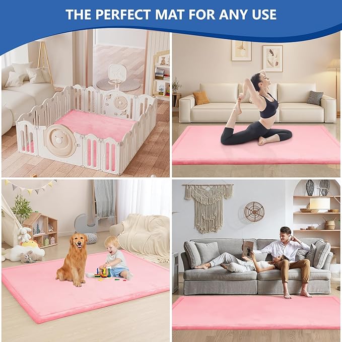 Huloo Sleep Baby Play Mat for Floor,1.3" Thick Elasti-Foam 74×50 Playpen Mat for Toddlers Infant kids,Water-Repellent Soft Coral Velvet for Tummy Time, Non-Slip Backing for Crawling,Tatami Style(Pink)