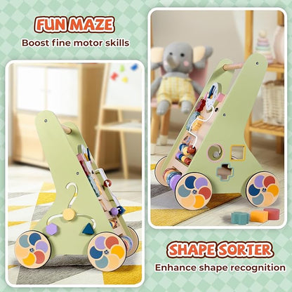 BAUTIA Wooden Baby Walker for 12 Months, Montessori Walker Push Toy for Toddlers Learning to Walk, Push Walker Baby Activity Center for Boys and Girls