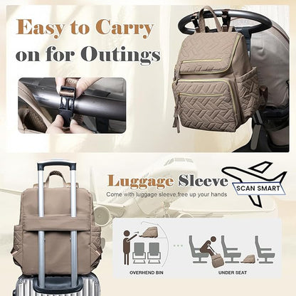 Omanmoli Diaper Bag Backpack Baby Large Travel Work School Backpack for Women with 17 Bag Organizers,4 Insulated Pockets,Portable Changing Pad,Stroller Buckles,Brown