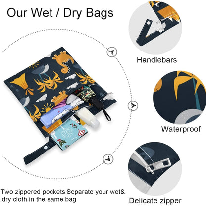 visesunny Yellow Dinosaurs Volcano and Palm Tree 2Pcs Wet Bag with Zippered Pockets Washable Reusable Roomy for Travel,Beach,Pool,Daycare,Stroller,Diapers,Dirty Gym Clothes, Wet Swimsuits, Toiletries