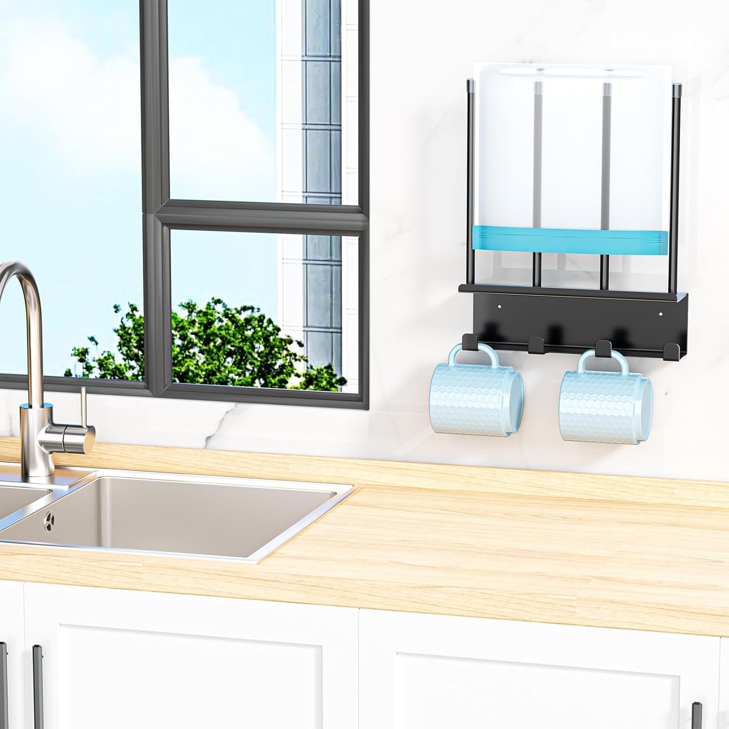 Wall Mounted Water Bottle Drying Rack, Baby Bottle Dryer Rack, Metal Cup Rack Dryer Stand, Mug Holder with Storage Rack, Mug Hooks for Bottle Cap, Bottle Drying Rack for Cups, Plastic Bags (Black)