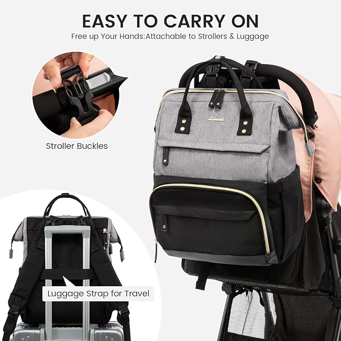 LOVEVOOK Diaper Bag Backpack, Baby Bag with Changing Station, Large Diaper Backpack for Mom Dads, Waterproof Leather Mommy Bag for Boy and Girl, Travel Essential Baby Shower, Black-Grey