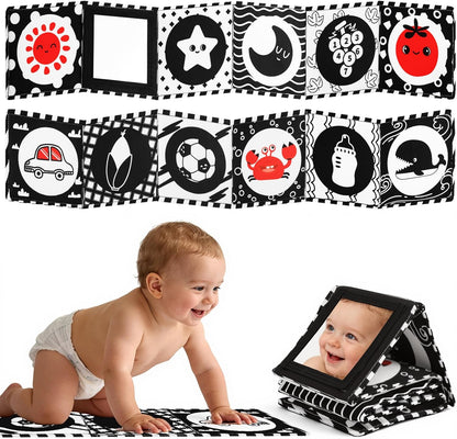 High Contrast Baby Toys for Newborn – Black White Tummy Time Mirror Toy, Crinkle Sensory Baby Book 0-6 Months for Newborns, Attach to Crib/Stroller/Car Seat