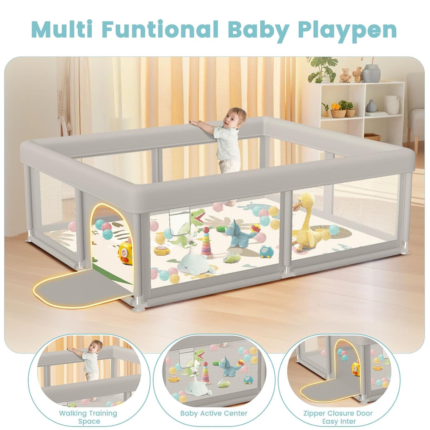 besuhot Baby Playpen Extra Large Play Yard 74" x 50" Playpen for Babies and Toddlers with Anti-Slip Suckers and Zipper Gate, Safety Baby Activity Center for Indoor & Outdoor