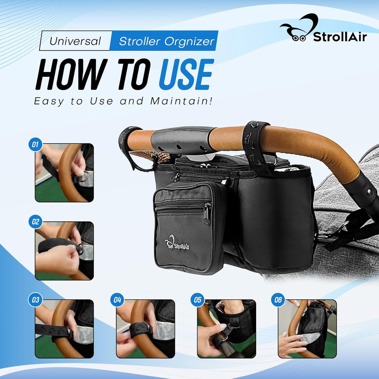 StrollAir Universal Stroller Organizer with Insulated Cup Holder, Stroller Caddy Compatible with Cosmos, Solo, Nuna, Baby Jogger, Bumbleride, Uppababy, Parent Drink Holder Stroller Accessories (Black)