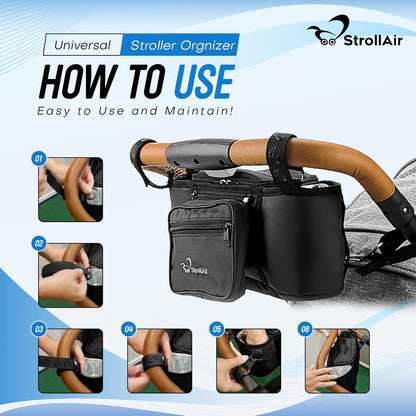StrollAir Universal Stroller Organizer with Insulated Cup Holder, Stroller Caddy Compatible with Cosmos, Solo, Nuna, Baby Jogger, Bumbleride, Uppababy, Parent Drink Holder Stroller Accessories (Black)