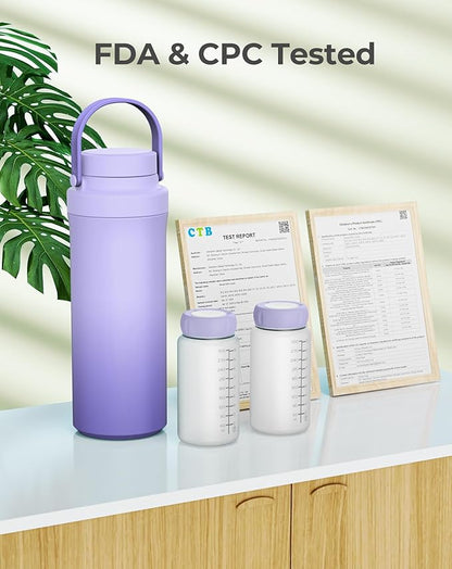 XAPROO 22oz Breast Milk Cooler Bottle, Portable Milk Cooler for Breastmilk with 360°Cooling for 24 Hours, Milk Chiller with 2pcs Baby Bottles, Breastmilk Storage Bags for Baby, BPA-Free (Purple)