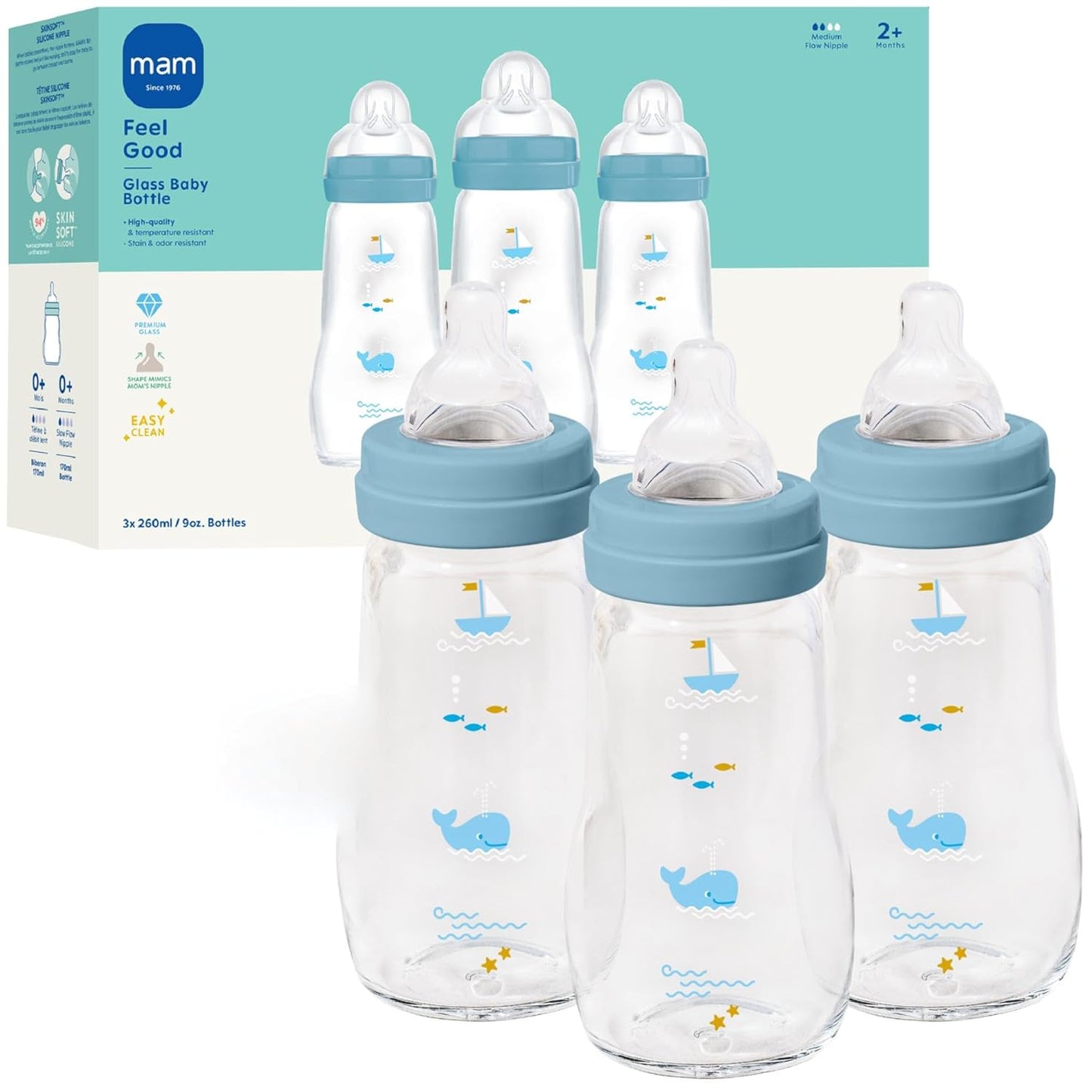 MAM 9oz Feel Good Pure Glass Anti-Colic Wide Neck Baby Bottle, Medium Flow Skin Soft Silicone Nipple, Easy to Clean, BPA Free, 2+ Months, Easy Switch Between Breast & Bottle, Made in Europe, 3 Pack