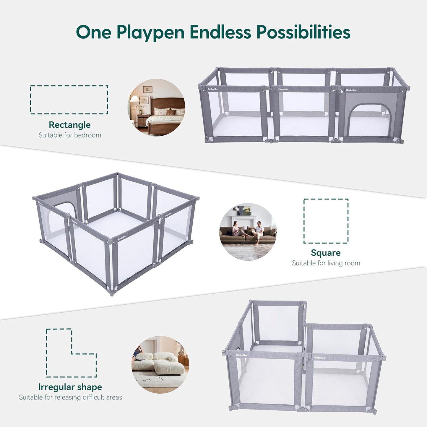 Babelio Foldable Baby Playpen 46" × 46", Portable Playard for Babies and Toddlers, Parents' Picks Awards Winner, No Assembly Required, Indoor & Outdoor Kids Safety Play Pen Area, Travel Fence, Grey