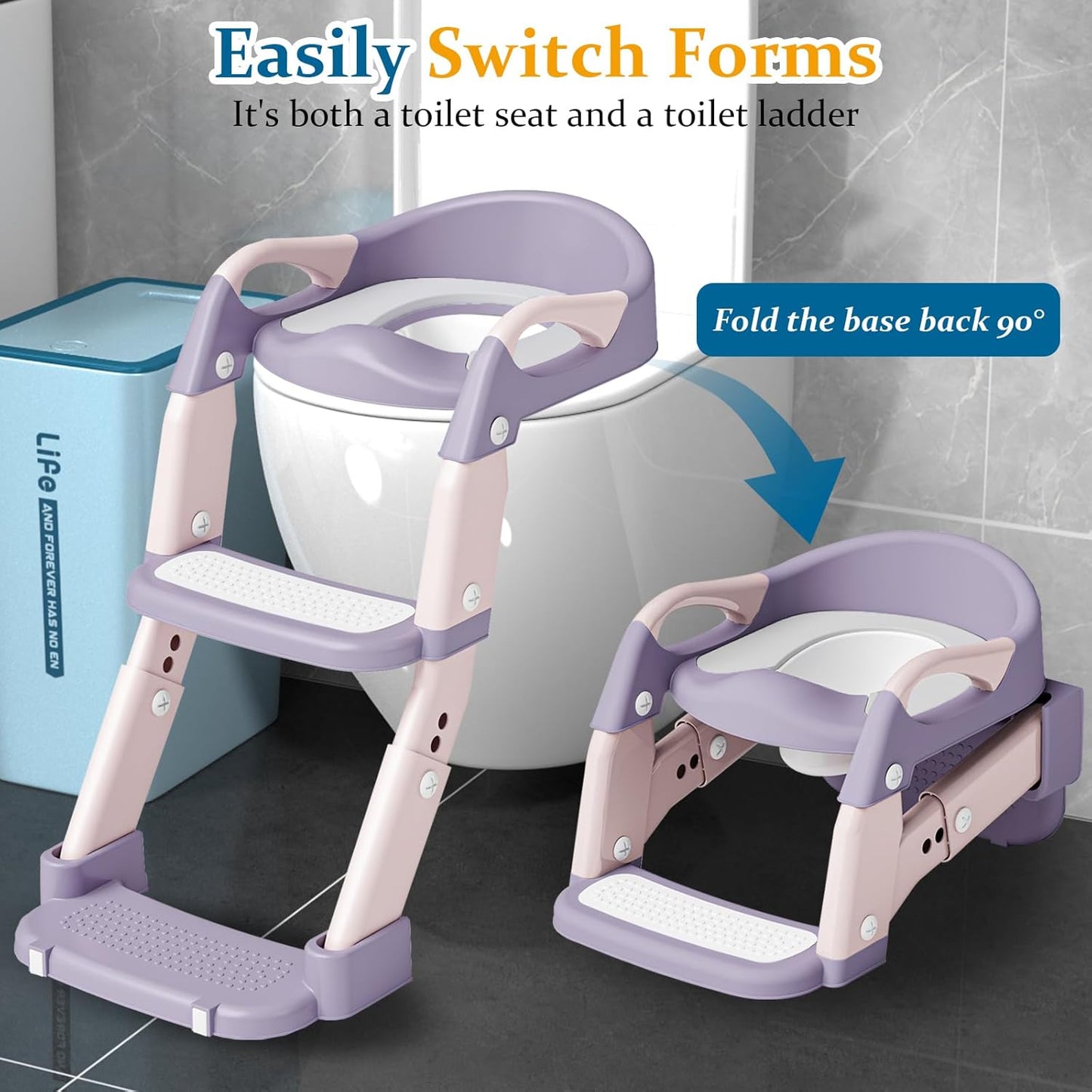 Potty Training Seat 3-in-1 Toddler Toilet Ladder (Toilet, Ladder, Squatting Aid) for Children Boys Girls with Removable Cushion, Anti-Splash & Foldable Design - Grey