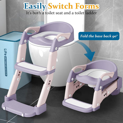 Potty Training Seat 3-in-1 Toddler Toilet Ladder (Toilet, Ladder, Squatting Aid) for Children Boys Girls with Removable Cushion, Anti-Splash & Foldable Design - Grey