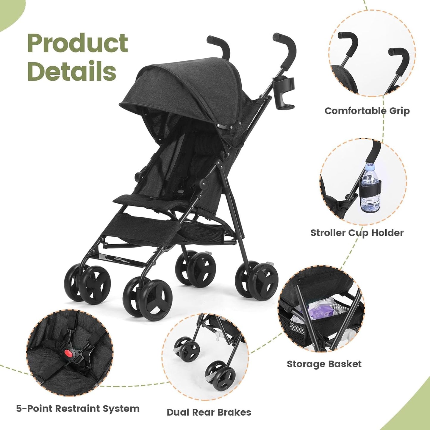 One-Handed Folding Lightweight Stroller, Large Storage Basket, Canopy, Cup Holder, Compact Umbrella Stroller Durable Frame, 3-36M Travel Stroller for Airplane Ultra Overhead Friendly (Black)