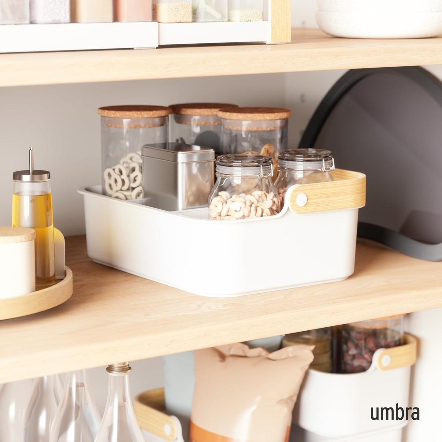 Umbra Bellwood Stackable Bin, 14" x 10" Durable Lightweight Container with Wooden Handle and Removable Dividers, Black/Walnut