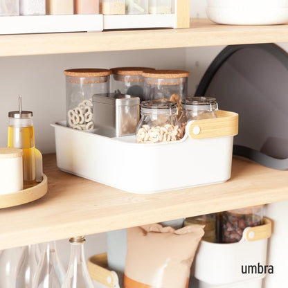 Umbra Bellwood Stackable Bin, 14" x 10" Durable Lightweight Container with Wooden Handle and Removable Dividers, Black/Walnut