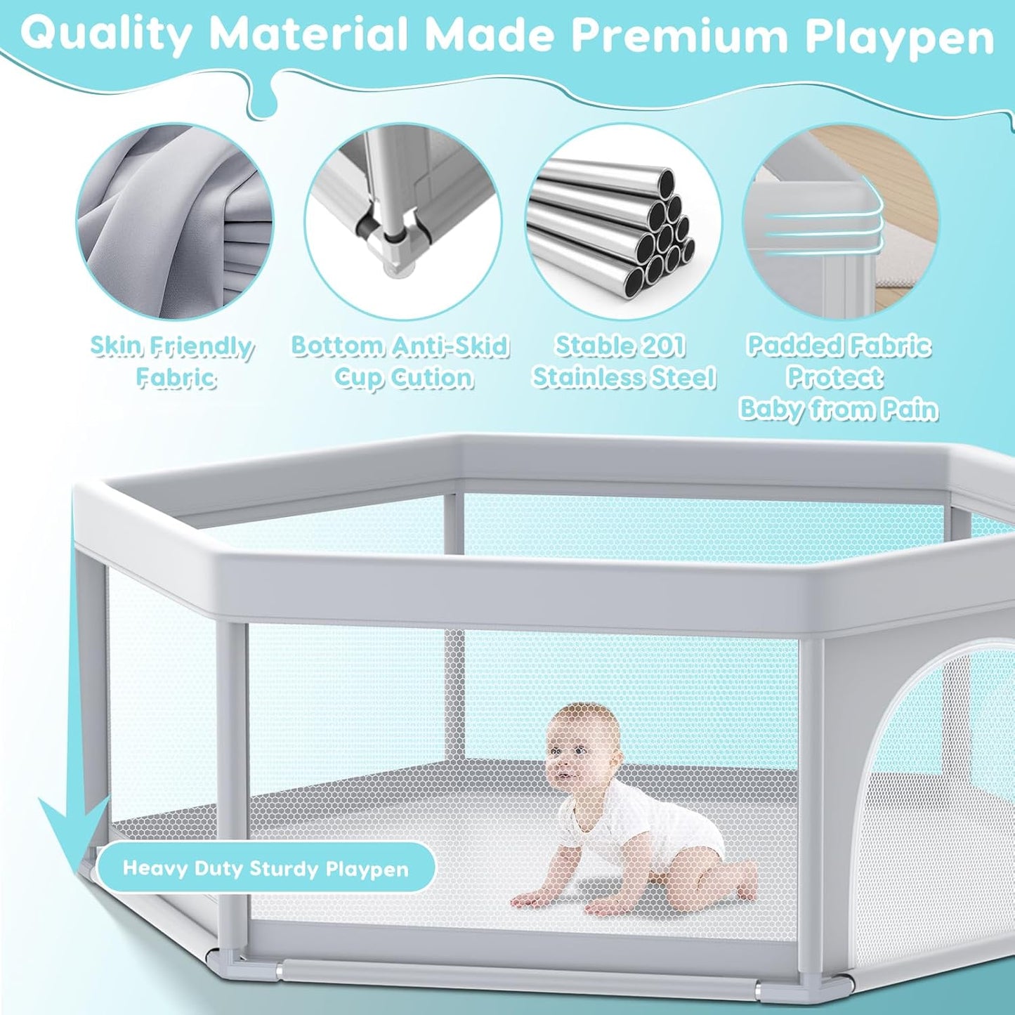Fshibila 74" ×50" Large Baby Playpen, Baby Playard for Babies and Toddlers, Baby Fence Play Pens for Indoor & Outdoor, Sturdy Safety Play Yard with Soft Breathable Mesh, Anti-Fall, Grey