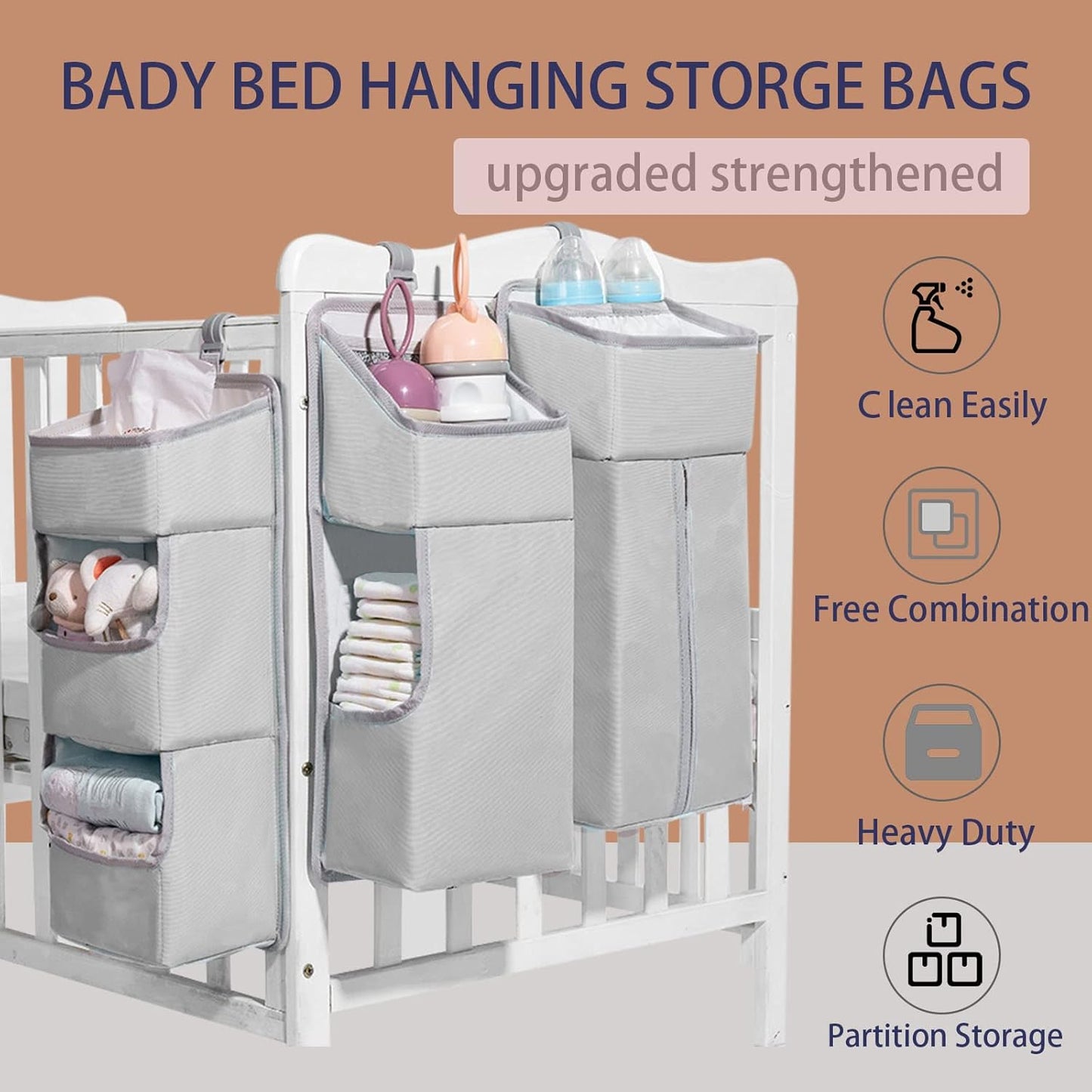 Hanging Diaper Caddy Organizer for Baby Crib - 3-in-1 Diaper Stacker for Changing Table Nursery Organization Storage Holder for Baby Essentials Attachment Portable Combining (Light grey)