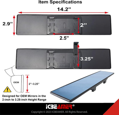 11.8" ICBEAMER Clip On Rear View Mirror | Convex Blue Tint Glass, Panoramic Wide Angle HD Glass, Anti Glare, Universal Fit for Car, SUV, Truck | Eliminates Blind Spots (1 Pack)