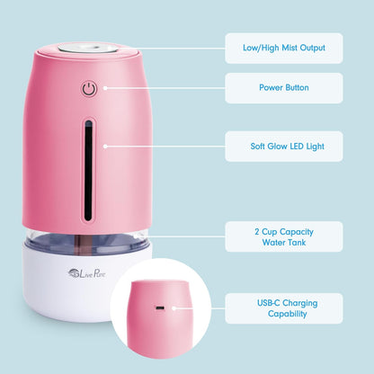 LivePure Cool Mist Humidifiers for Bedroom. Small Humidifier for Babies, Nursery, Plants, Office. Ultrasonic Cool Mist Humidifier w/Quiet Operation, USB-C Rechargeable. Rose Quartz