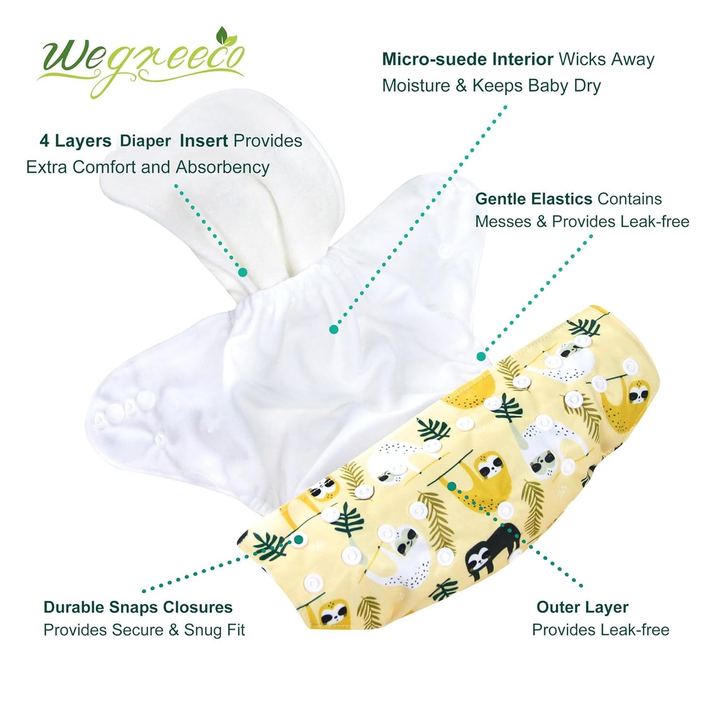 wegreeco Cloth Diapers 6 Pack with 6 Inserts & 1 Wet Bag, Washable Cloth Diapers for Babies, One Size Adjustable Reusable (Flower)
