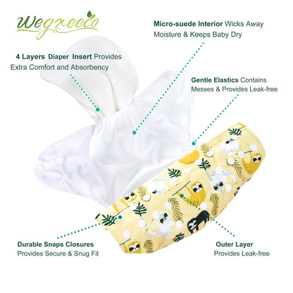 wegreeco Cloth Diapers 6 Pack with 6 Inserts & 1 Wet Bag, Washable Cloth Diapers for Babies, One Size Adjustable Reusable (Flower)