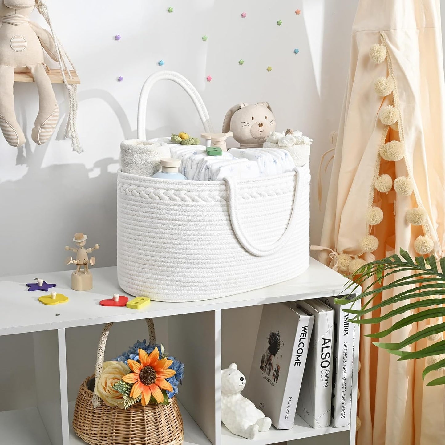 19L Baby Diaper Caddy Organizer, 16.8"x9.8"x9" Cotton Rope Diaper Basket, Changing Table Storage Caddy With Removable Divider, Baby Basket for Nursery, Car, Diapers, Baby Shower Gifts for Newborn