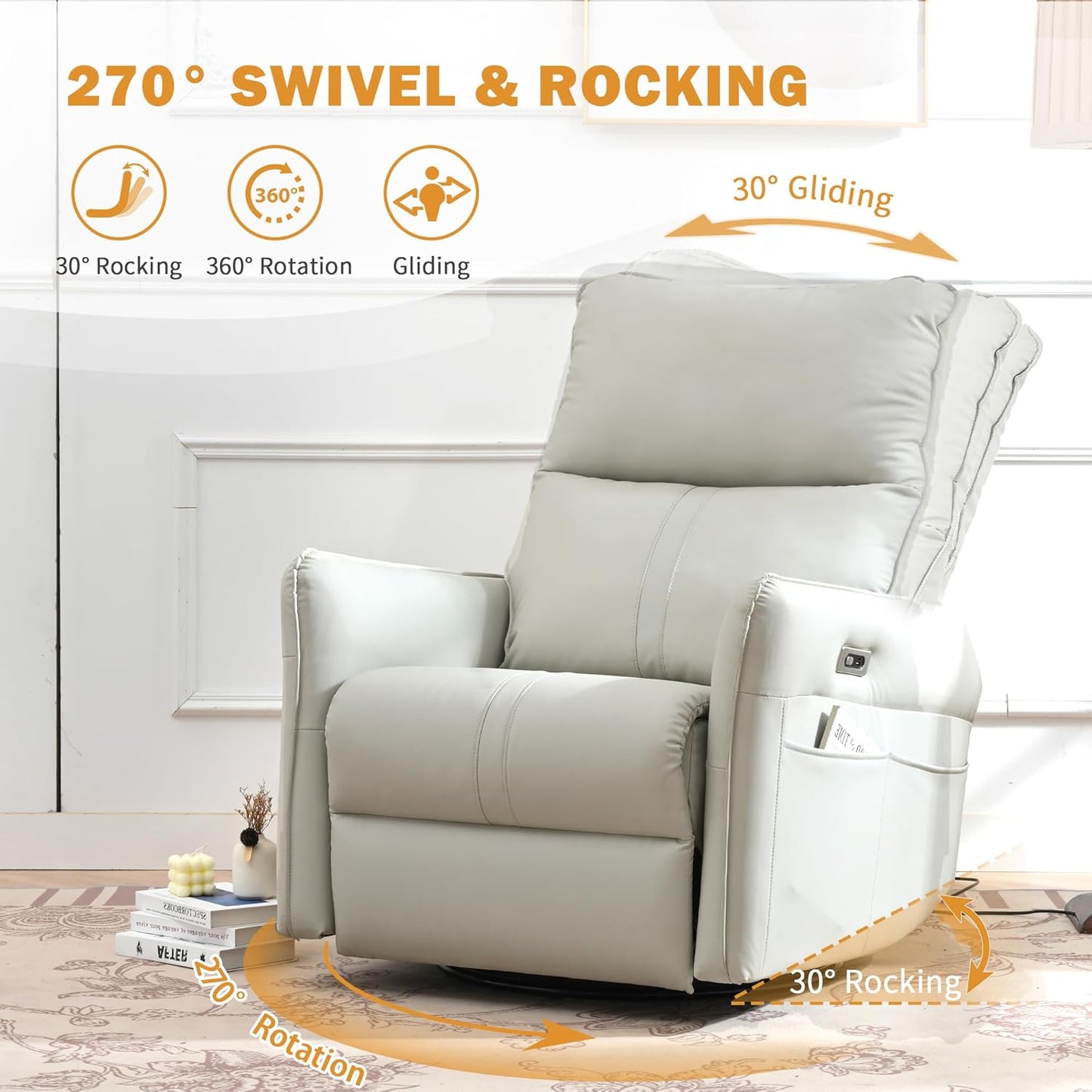 Power Swivel Rocker Recliner Chair for Nursery, Upholstered Snowflake Velvet 270°Swivel Glider Rocker Chair with USB Ports, Small Power Recliners for Small Spaces Living Room