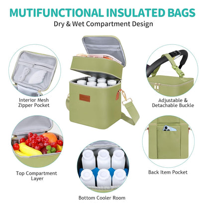 PIIOSER Breastmilk Cooler Bag with Ice Pack Fits 6 Baby Bottles Up to 9 Ounce, Insulated Baby Bottle Tote Bags, Double Layer Waterproof Leak-Proof with Shoulder Strap for Nursing & Working Mom (Grey)