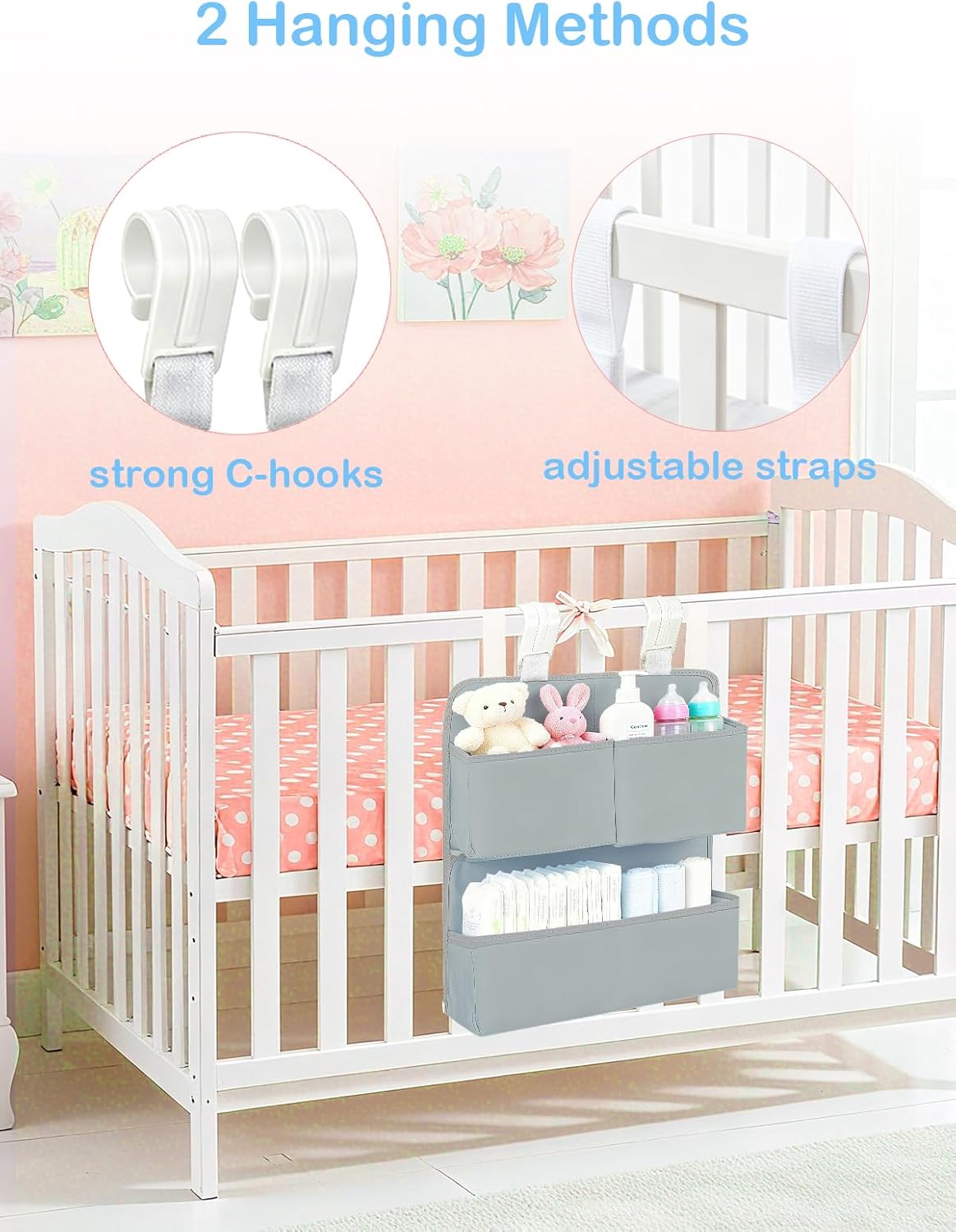 Hanging Diaper Organizer for Bassinet/Crib/Playpen/Playard – Hold 80+ Diapers - Changing Table Diaper Holder Attachment Accessories- Diaper Stacker Nursery Caddy Organizer (Gray)