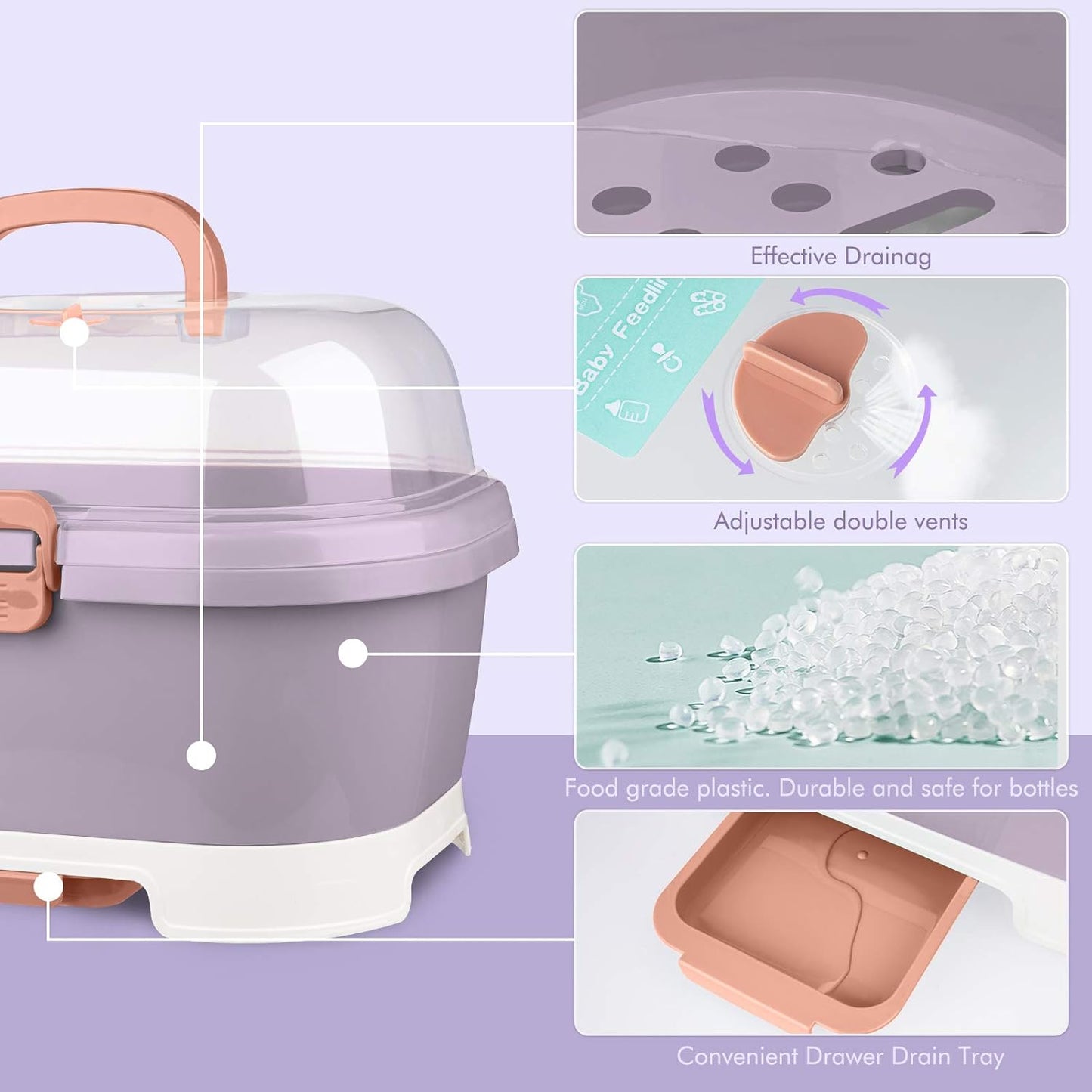 NiHome Portable Baby Bottle Drying Rack with Anti-Dust Lid, Cutlery Organizer and Drain Board - Easy-Carry Handle for Home, Kitchen, Travel and Outdoors (Pink)
