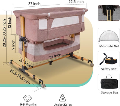 Baby Bassinet, 3 in 1 Infant Bassinet Bedside Sleeper, Bassinet with Cover, Rocking Bedside Bassinet for Baby with Storage Basket, Foldable & Adjustable Travel Crib (Light Pink)