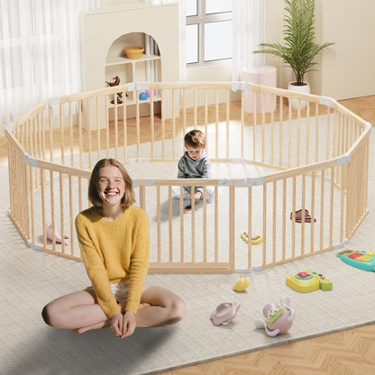 Baby Playpen, Foldable Wooden Play Yard with Gate, Playpen for Babies and Toddlers, Adjustable Baby Activity Center with Child Proof Lock, Fence Play Area for Toddlers 6 to 36 months(56*83*24inch)